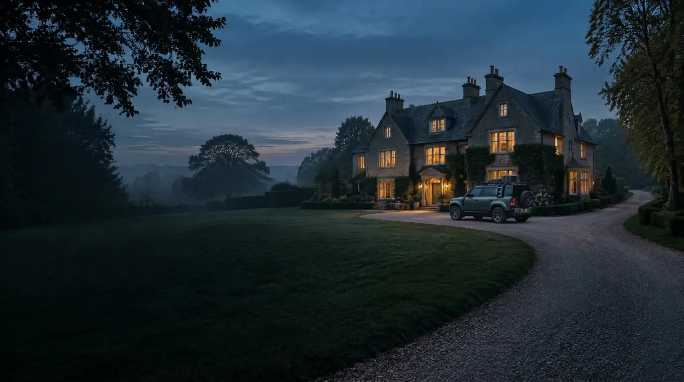 A protected family home at dusk with a rugged vehicle ready on the drive